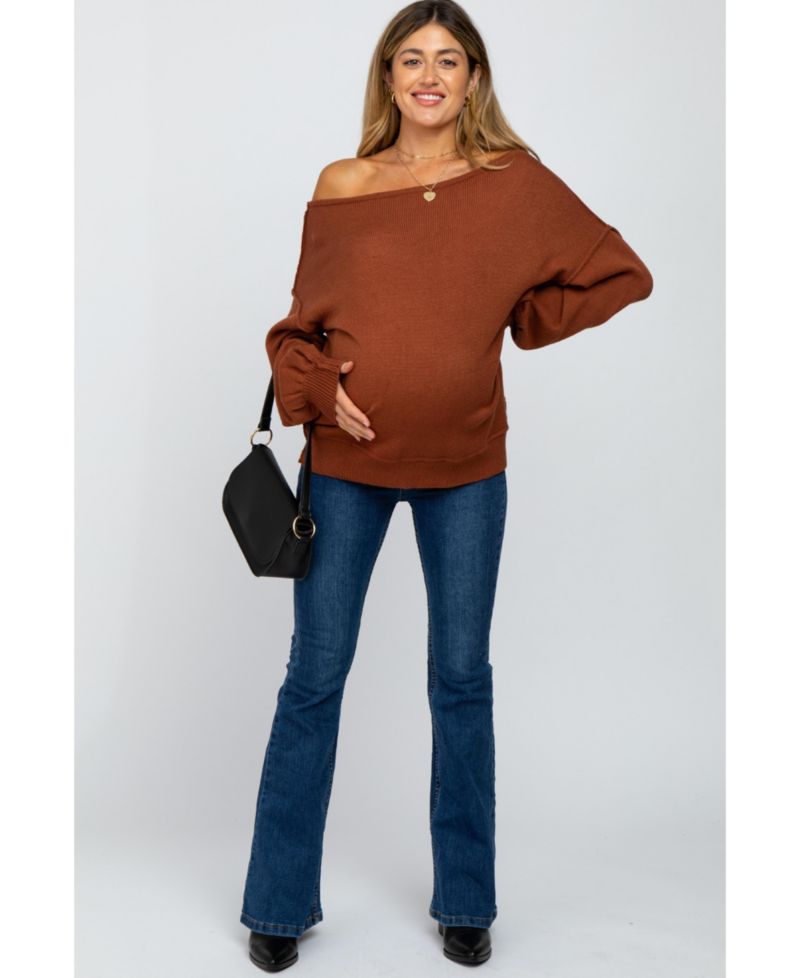 Women's Camel Boat Neck Bubble Sleeve Sweater