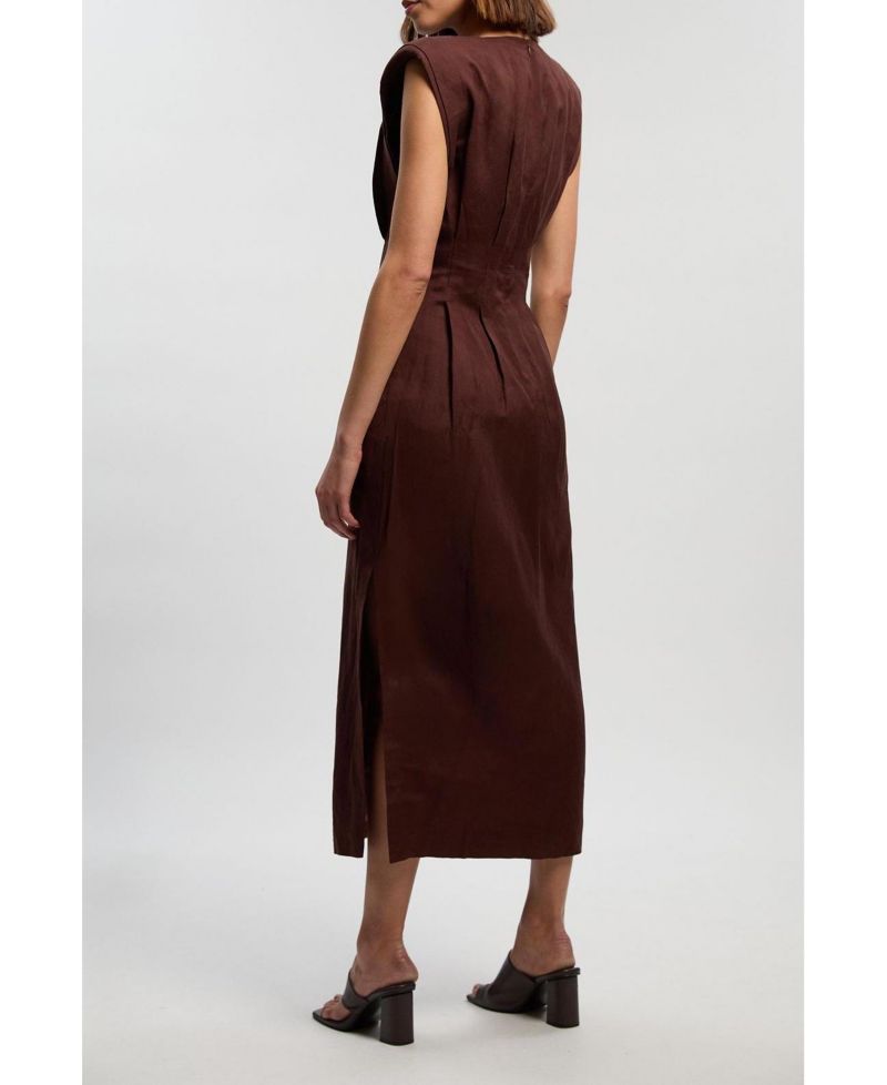 Women's Linen Blend Pintuck Midi Dress