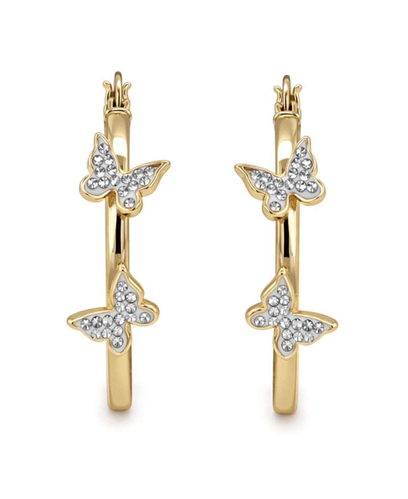 Hoop Earring with Clear Crystal Butterflies in Silver Plate or Gold Plate