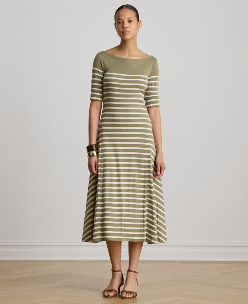 Women's Boat Neck Breton-Stripe Ribbed Midi Dress