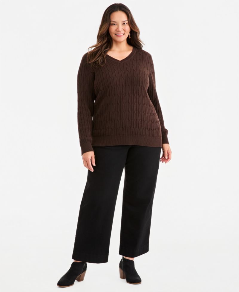 Petite Cotton Cable-Knit V-Neck Sweater