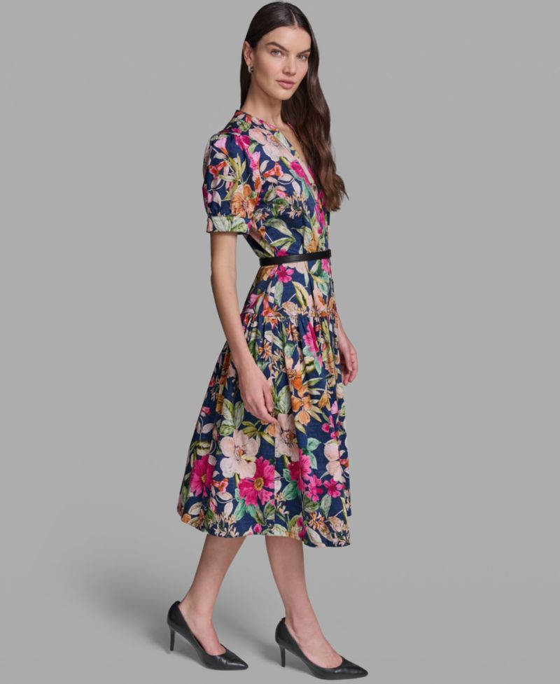 Women's Floral Printed V-Neck Belt Dress