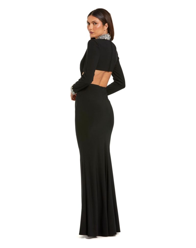 Women's Embellished Jersey Long Sleeve Cut Out Evening Gown