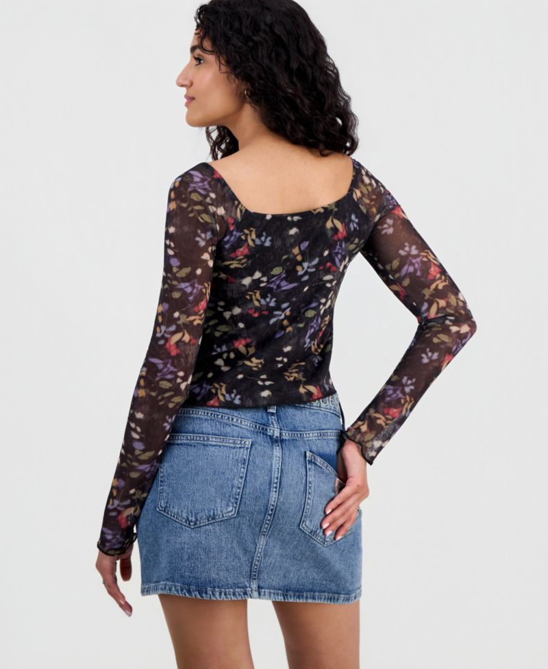 Juniors' Sweetheart-Neck Long-Sleeve Mesh Top
