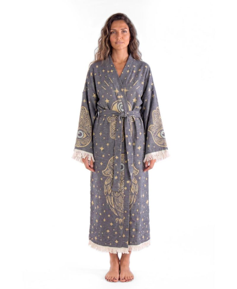 Women's Astrid Handwoven Jacquard V-Neck Long-Sleeve Beach Cover-Up Robe