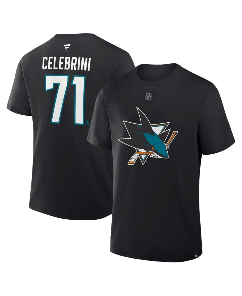 Men's Macklin Celebrini Black San Jose Sharks Authentic Stack Name and Number T-Shirt