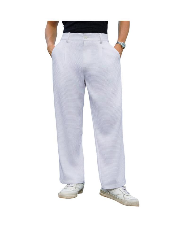 Men's Cream White Straight-Fit Ribbed Trousers
