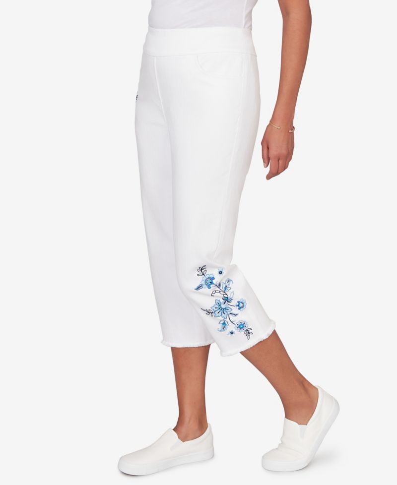 Women's Mykonos Floral Embroidered Fringe Super Stretch Denim Capri