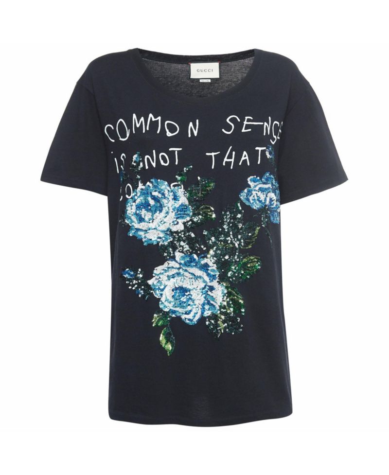 Women's Sequined Floral Common Sense Graphic T-Shirt