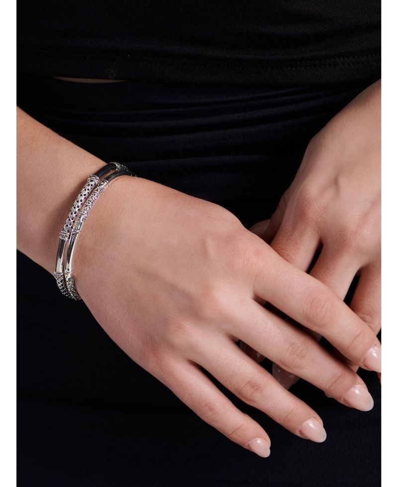 Dragon Bone Slide-on Bangle Bracelet in Sterling Silver and 18K Gold Accents