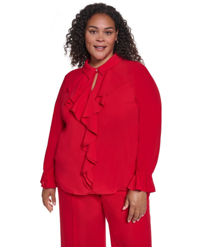 Plus Size Button-Up Ruffle-Trim Keyhole Blouse