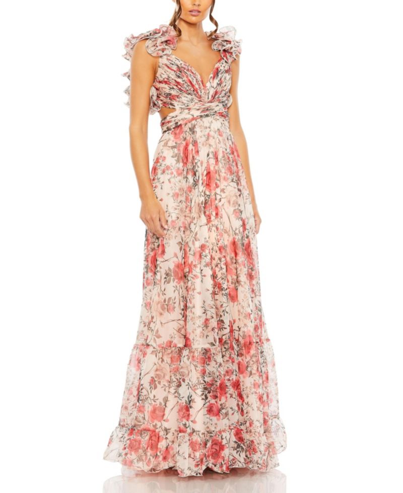 Women's Ruffle Tiered Floral Cut-Out Chiffon Gown
