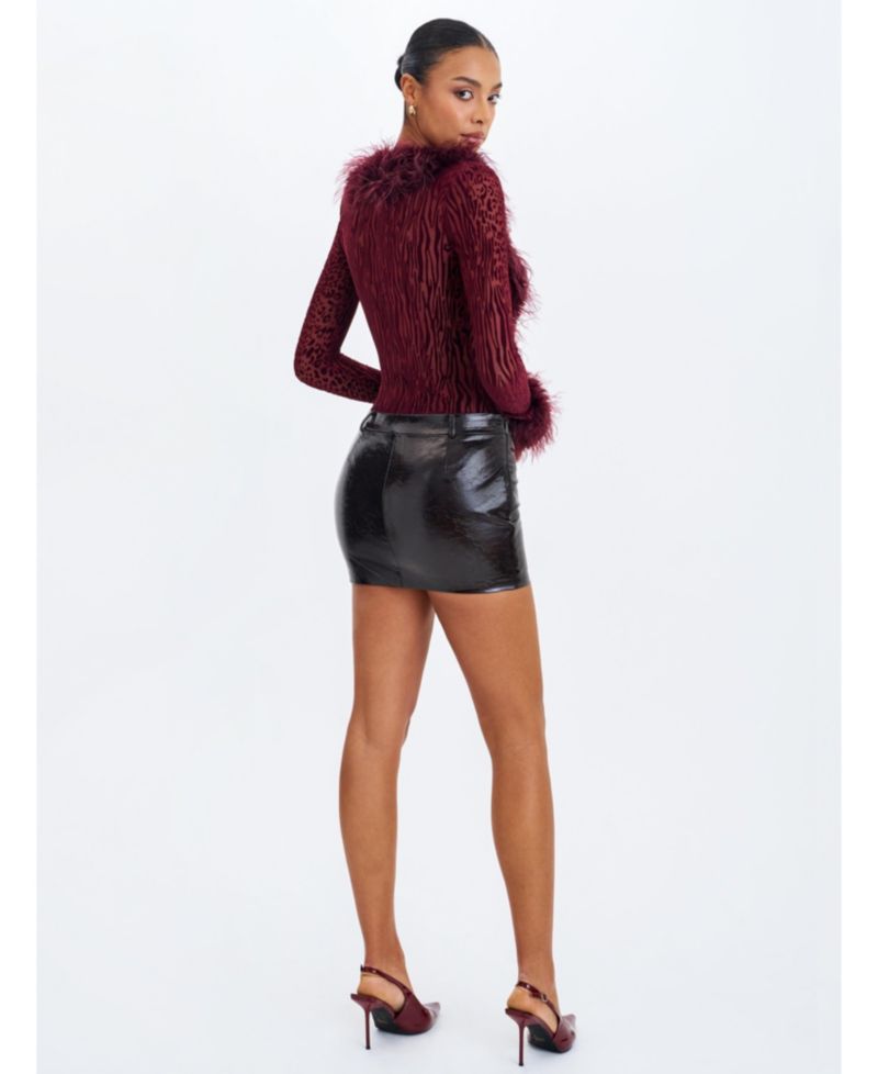 Women Valene Burgundy Burnout Velvet Fur-Trim Bodysuit