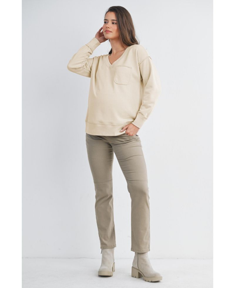 Maternity V Neck Long Sleeve Front Pocket Sweatshirt