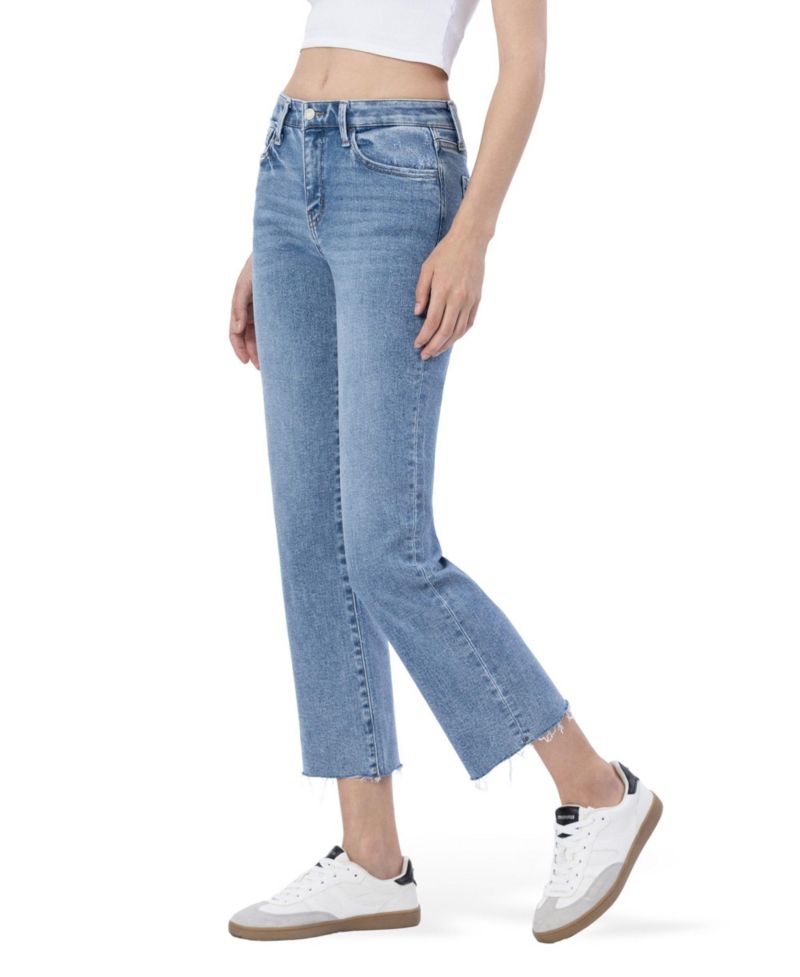 Women's Mid Rise Clean Cut Raw Hem Straight Jeans