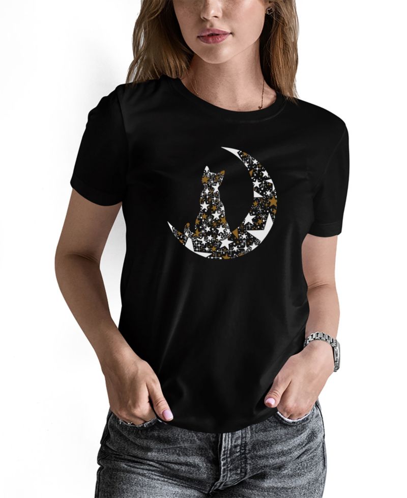 Women's Cat Sitting On Moon Word Art Long-Sleeve T-Shirt