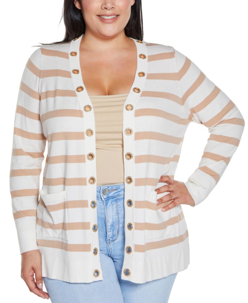 Plus Size Black Label Rhinestone Grommet Striped Open-Front Cardigan Sweater