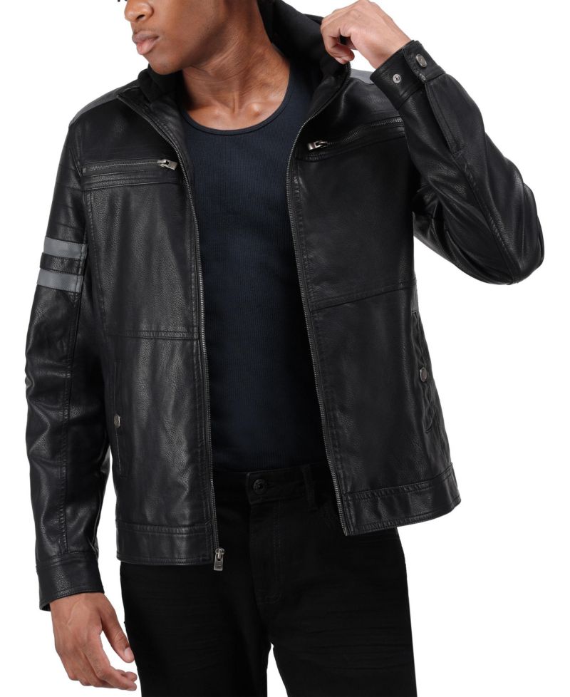 XRAY Men's Grainy PU Leather Hooded Jacket With Faux Shearling Lining