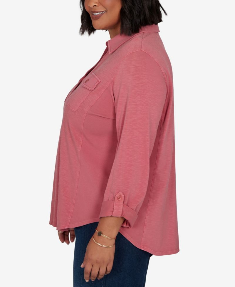 Plus Size Rib Trim Button-Front Knit Top