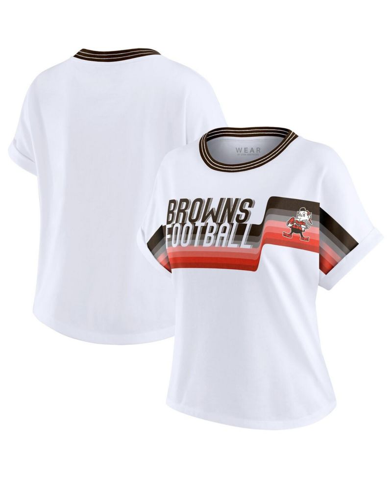 Women's White Cleveland Browns Cropped Center Stripe Dolman T-Shirt