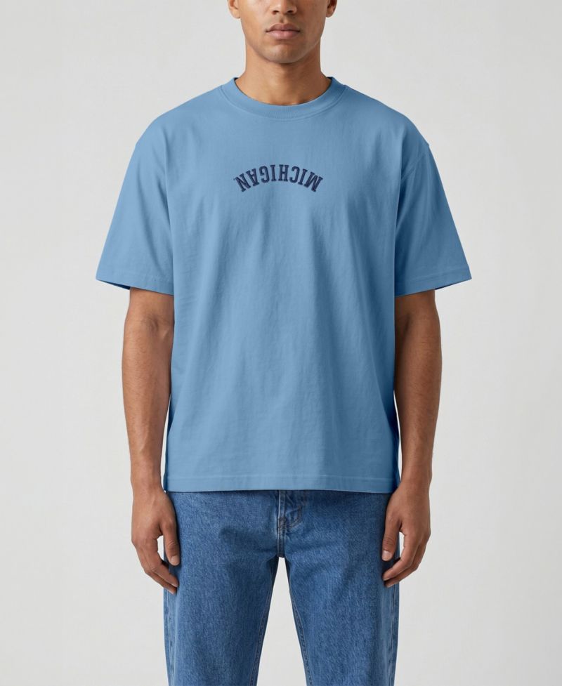 Men's Light Blue Michigan Wolverines Upside Down Embroidered Vintage Heavyweight T-Shirt