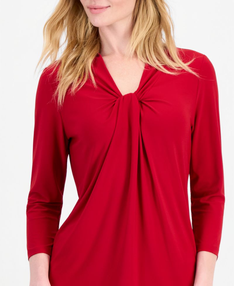 Petite 3/4-Sleeve Knot Neck Jersey Knit Top