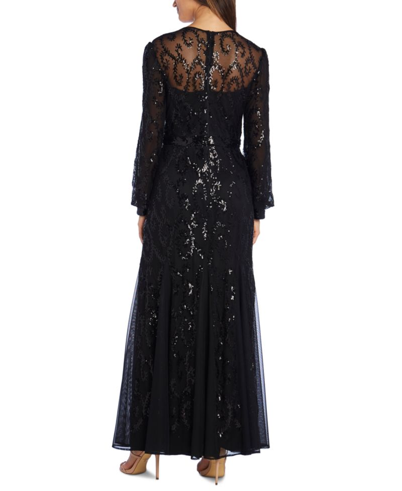 Sequined Blouson-Sleeve Gown
