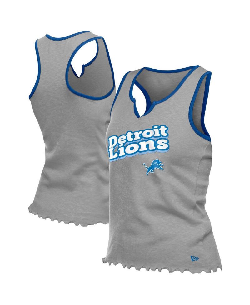 Women's Silver Detroit Lions Lettuce Hem Notch Neck Tri-Blend Tank Top