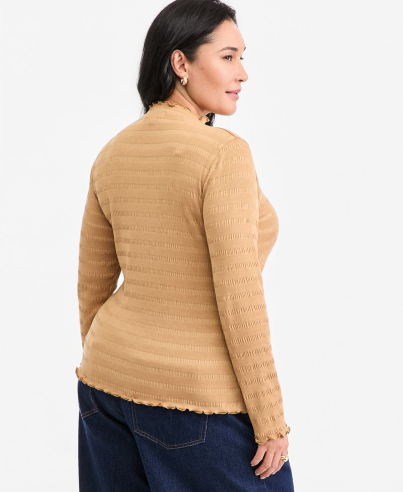 Plus Size Long-Sleeve Funnel Neck Puckered-Rib Top