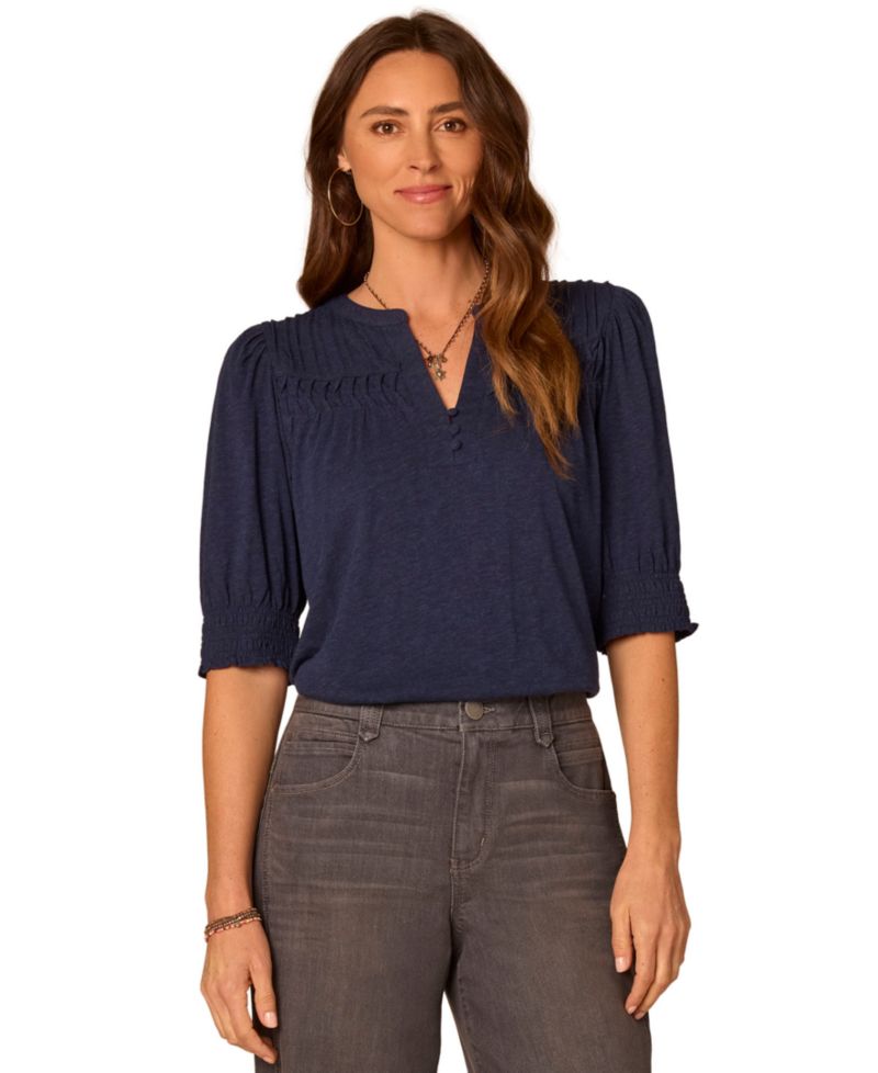 Petite Mandarin Collar Blouson-Sleeve Knit Top