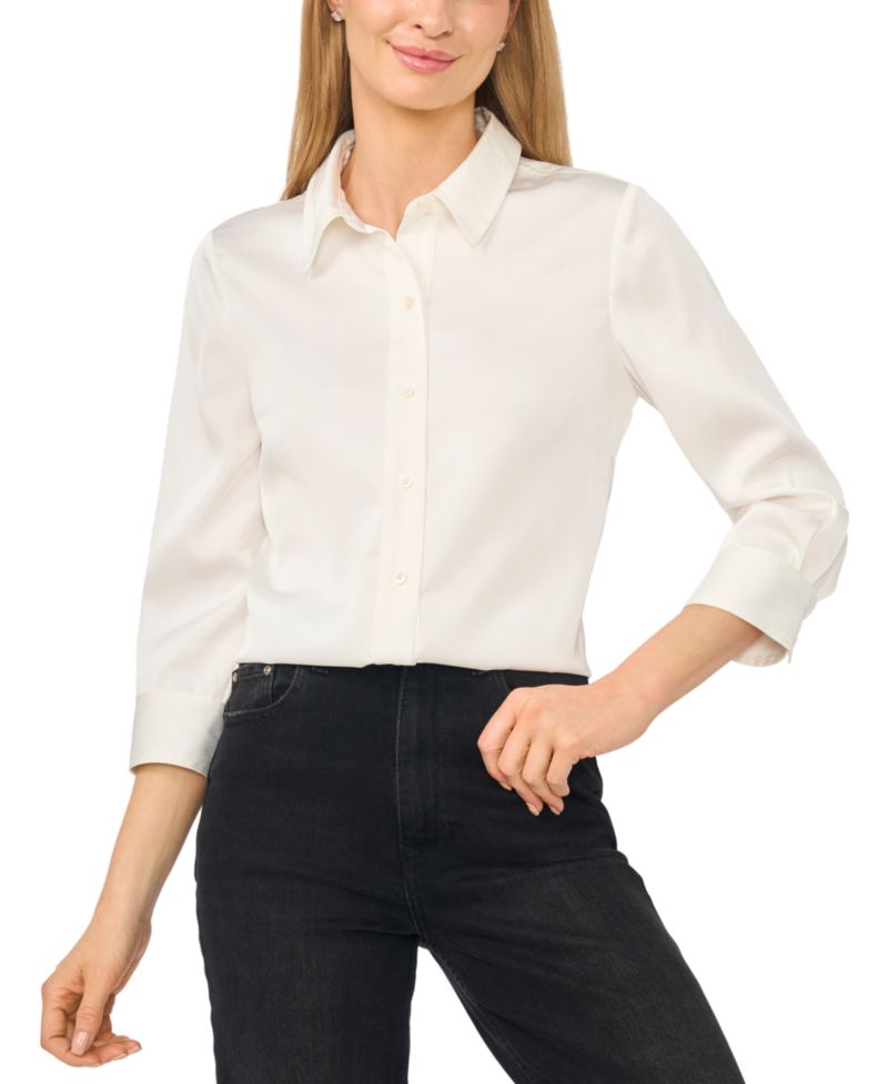 Women's 3/4-Sleeve Satin Button-Down Blouse