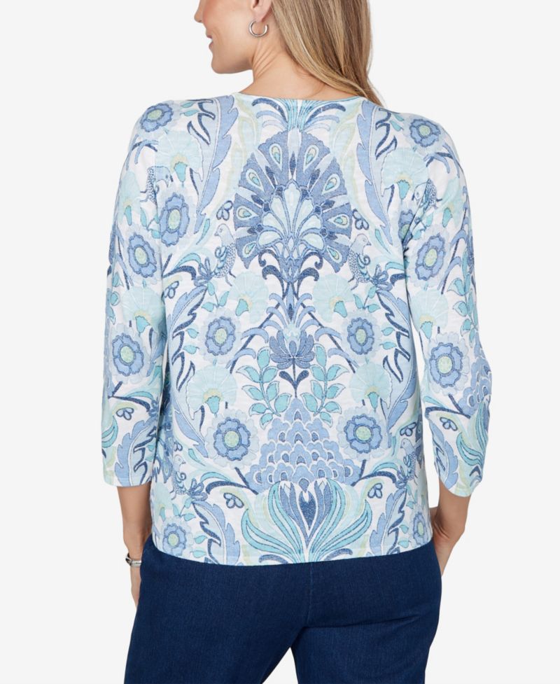 Petite 3/4-Sleeve Floral Pullover Sweater