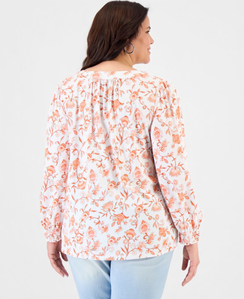 Plus Size Printed Smocked-Cuff Long-Sleeve V-Neck Top