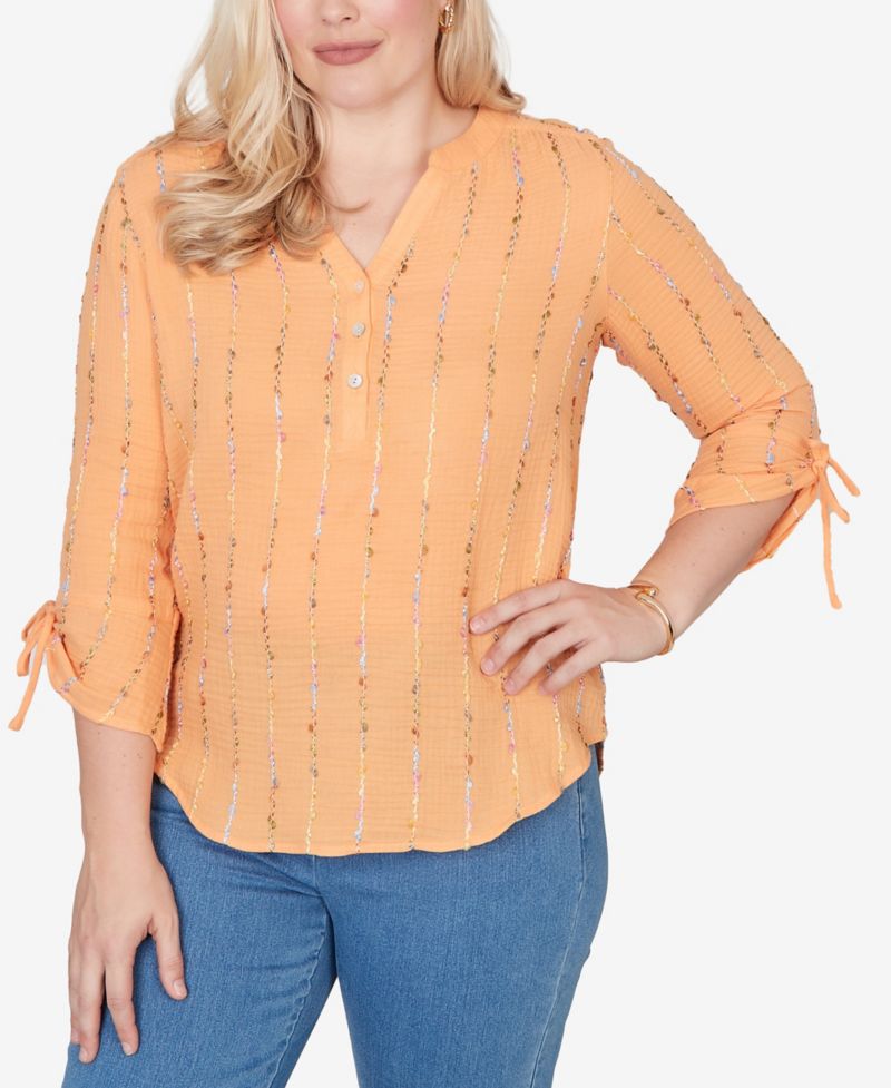 Women's Beachcomber Eyelash Gauze Textured Tie-Sleeve Henley Top