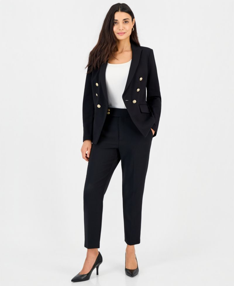 Petite Double-Breasted Fitted Stretch Ponte Blazer
