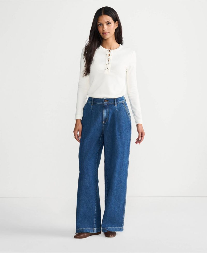 Petite High Rise Soft Denim Pleated Wide Leg Trousers