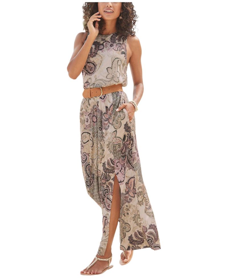 Women's Printed Side-Slit Maxi Dress with Pockets
