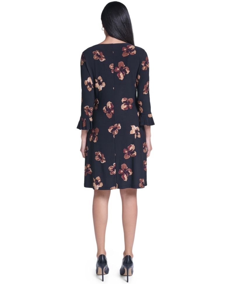 Women's Floral-Print Pleated 3/4 Sleeve Shift Dress