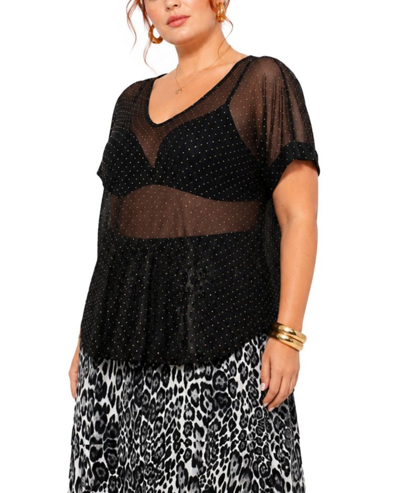 Plus Size Short-Sleeve Foil Drop V-Neck Top
