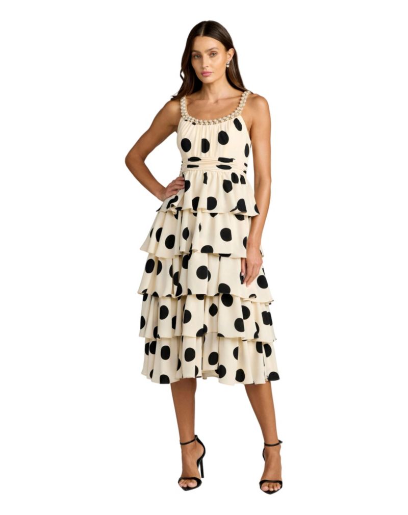 Women's Polka Dot Charmeuse Scoop Neck Ruffle Midi Dress