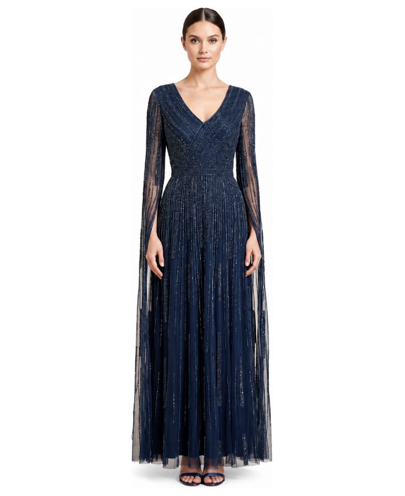Women's V-Neck Beaded Long Cape-Sleeve Dress