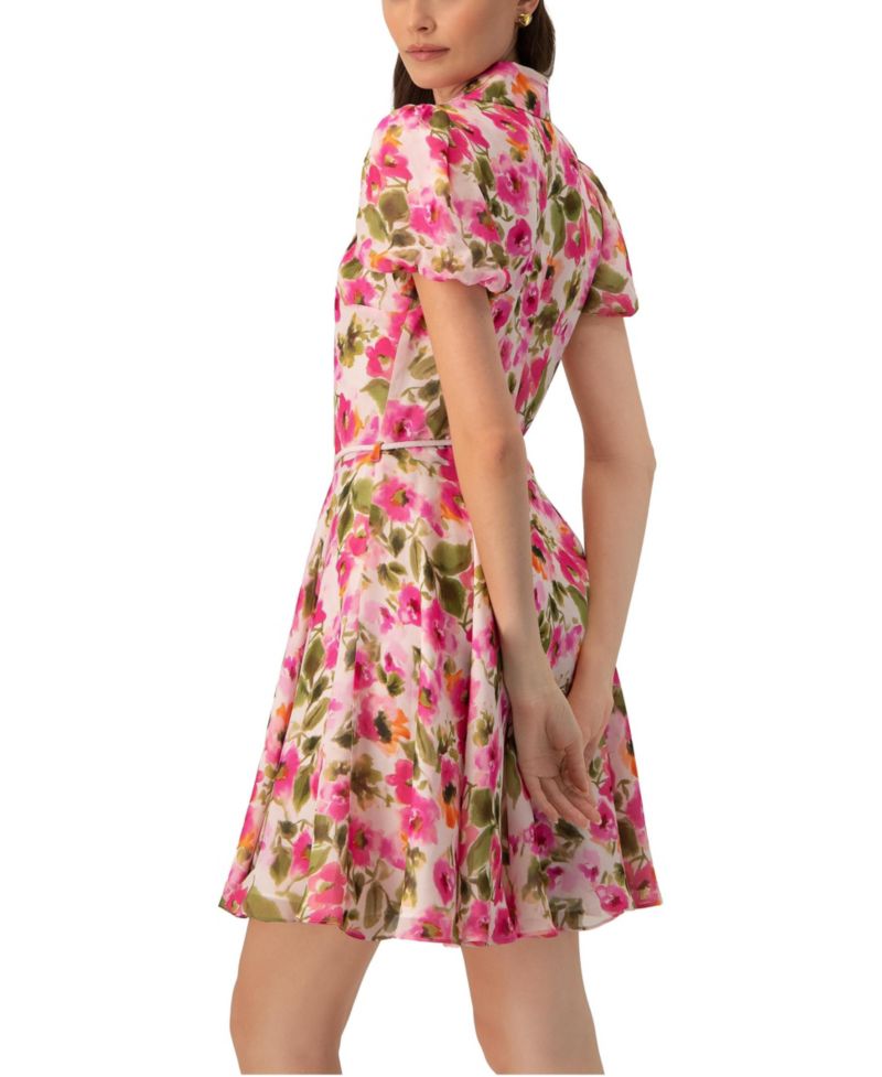 Women's Short Floral Shirt Dress with Waist Tie