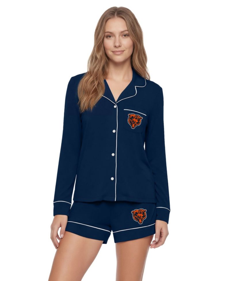 Women's Navy Chicago Bears Medley Long Sleeve Button-Up and Shorts Sleep Set