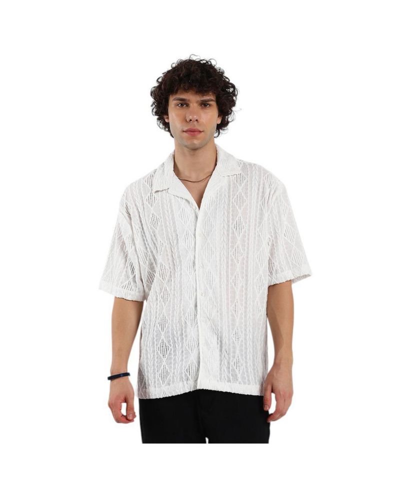 Men's Daisy White Argyle-Textured Oversized Shirt