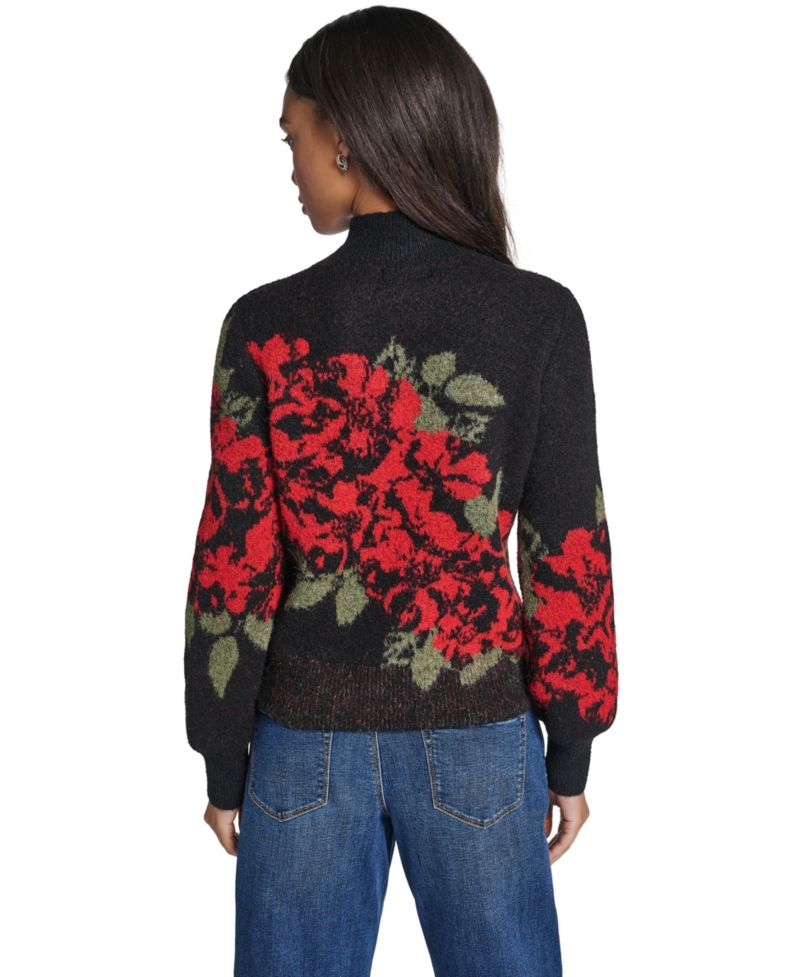Petite Rose Floral-Print Mock Neck Sweater