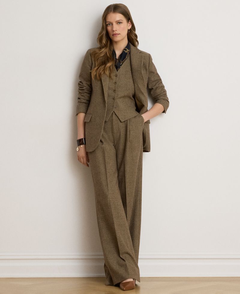 Petite High-Rise Wide-Leg Plaid Wool Pants, 29" Inseam