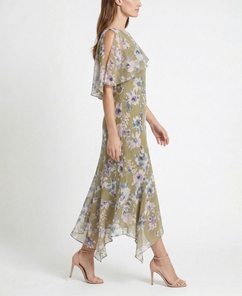 Women's Floral Print Capelet Fit & Flare Crewneck Dress