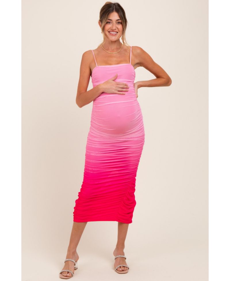Women's Blue Mesh Ombre Ruched Midi Dress