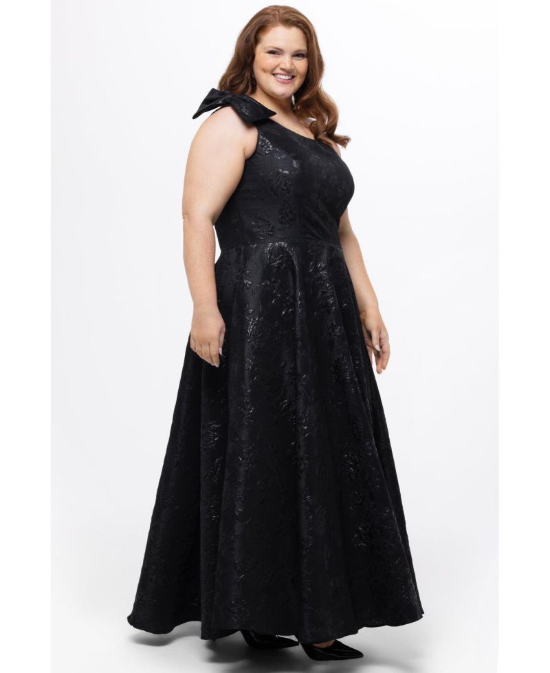 Women's One Shoulder Brocade Plus Size Formal Dress with Bow