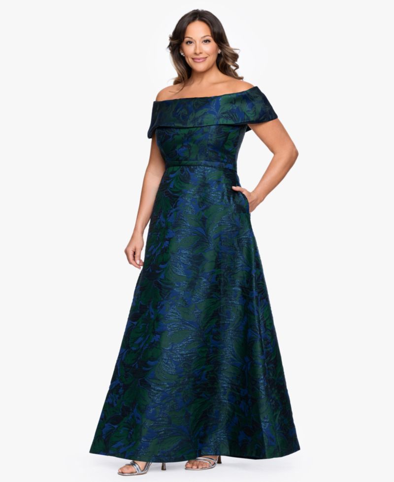 Petite Off-The-Shoulder Jacquard Ball Gown